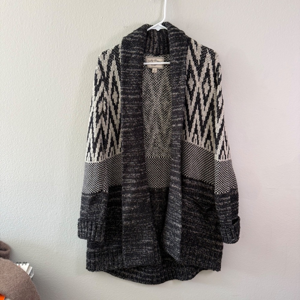 Lucky Brand Womens Black White Geometric Southwestern Wool Blend Cardigan Large